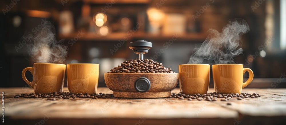 Steaming coffee mugs & grinder on wood