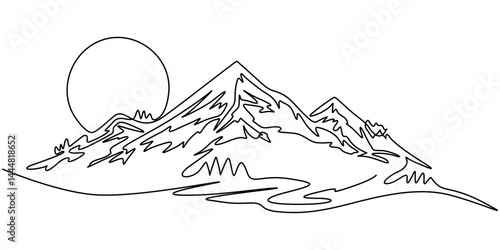 Continuous line drawing of sun and mountain range landscape background, Rocky peaks in simple linear style. Minimalist illustration of sunset in the mountains, Hot temperature and travel symbol vector