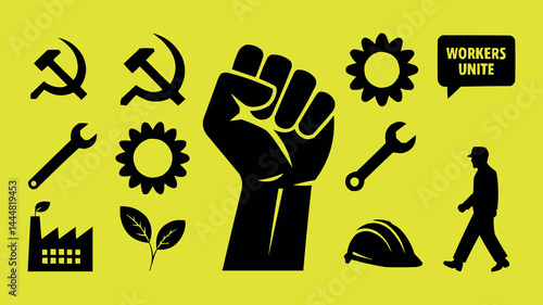 May Day Labor Protest Icons with Raised Fist and Worker Symbols
