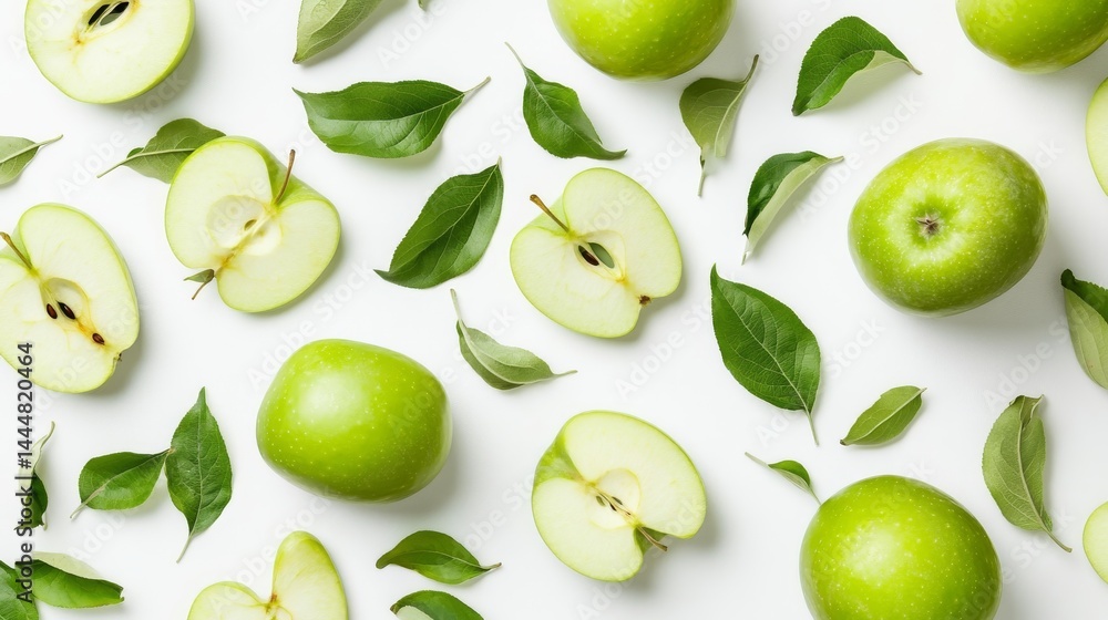 custom made wallpaper toronto digitalGreen apple slices with leaves scattered on a white surface.
