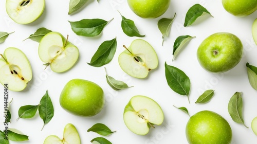 Wallpaper Mural Green apple slices with leaves scattered on a white surface.
 Torontodigital.ca