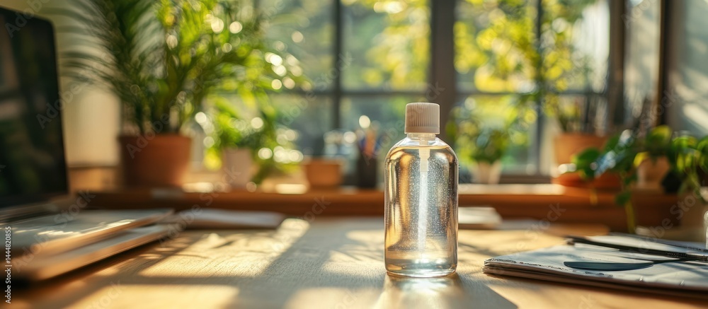 Sunlight on sanitizer bottle, home office desk