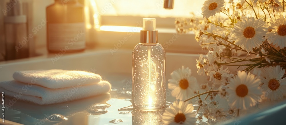 Sunlit bathroom spray bottle, chamomile flowers, towels