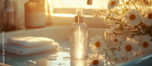 Obraz na płótnie Sunlit bathroom spray bottle, chamomile flowers, towels w salonie