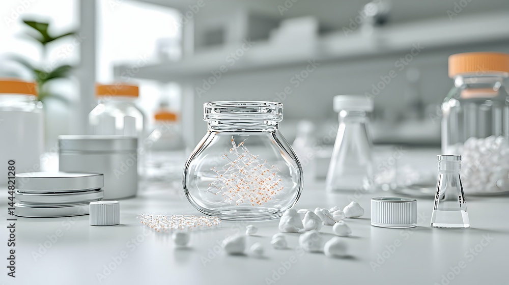 A detailed lab scene with glass bottles and jars. It highlights scientific research and chemical analysis with various compounds and structures. Application for medical and scientific presentations. A detailed lab scene with glass bottles and jars. It highlights scientific research and chemical analysis with various compounds and structures. Application for medical and scientific presentations.