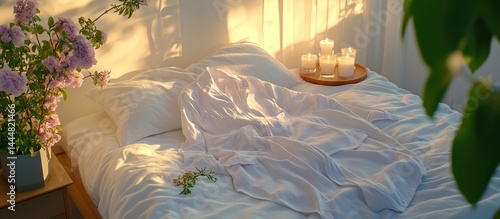 Sunlit bedroom, white bedding, candles, flowers