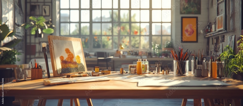 Sunny Artist's Studio, Artwork on Easel, Supplies on Table