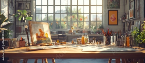 Obraz na płótnie Sunny Artist's Studio, Artwork on Easel, Supplies on Table w salonie