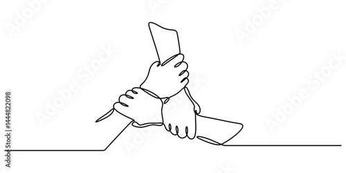 Fotografie People unite their hands together continuous line drawing isolated background for Teamwork concept, One continuous line drawing group of young male and female business people unite their hands