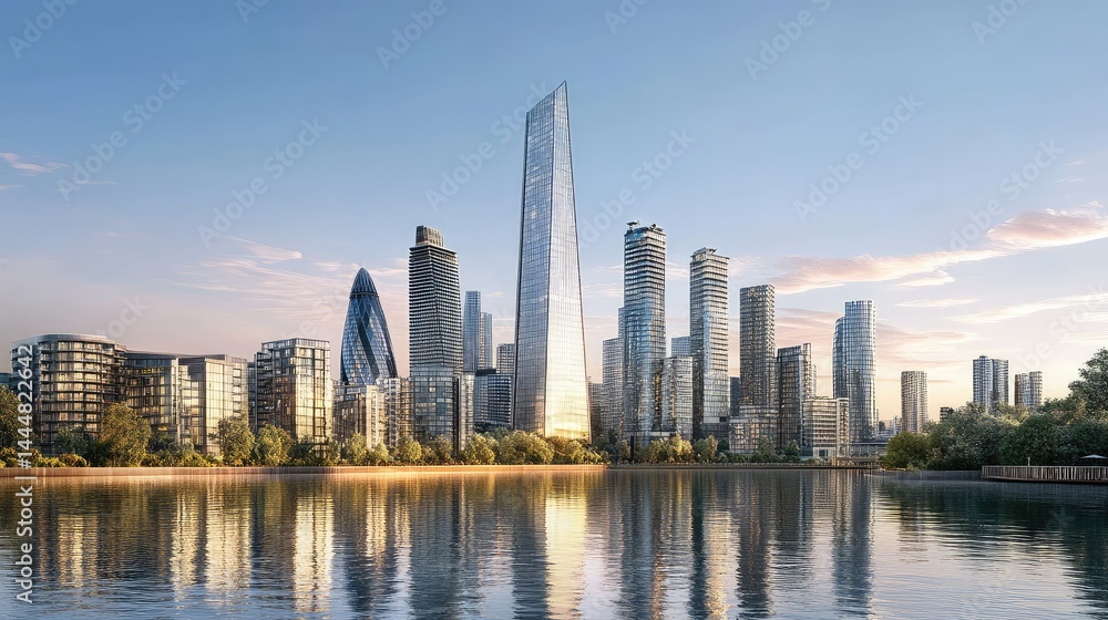 Majestic City Skyline Reflected in Calm Waters During Golden Hour with Modern Architecture and Urban Landscape Enhancing the Peaceful Atmosphere of the Scene Majestic City Skyline Reflected in Calm Waters During Golden Hour with Modern Architecture and Urban Landscape Enhancing the Peaceful Atmosphere of the Scene