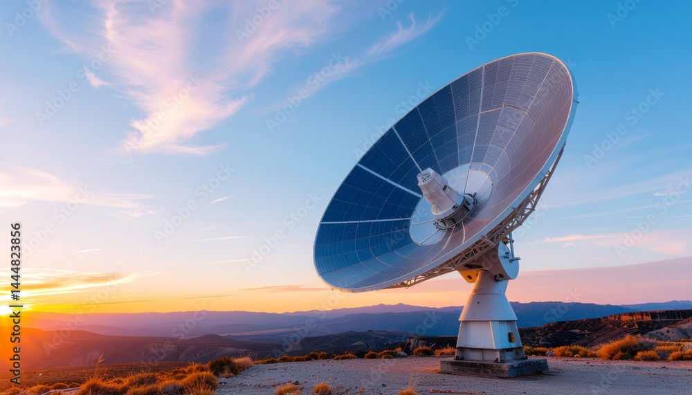 Satellite Dish at Sunset, symbol of communication and connectivity in the landscape Satellite Dish at Sunset, symbol of communication and connectivity in the landscape