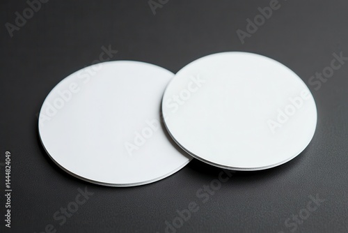 Two blank round coasters on a dark surface, ideal for product photography and branding