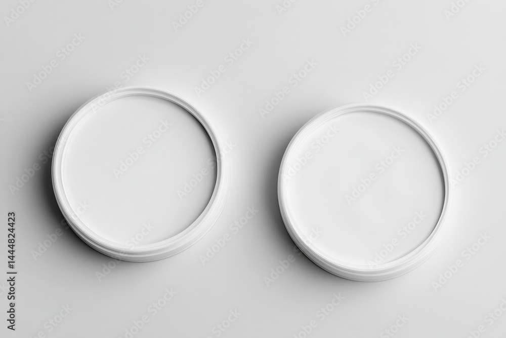 Two empty circular containers on a minimalist white background, ideal for product packaging Two empty circular containers on a minimalist white background, ideal for product packaging