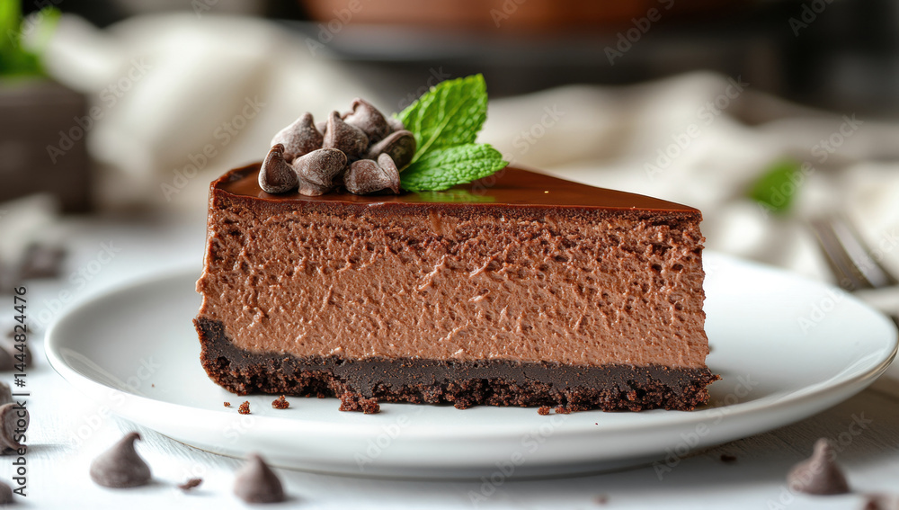 Chocolate mousse cake nestled on dark chocolate base, garnished with chocolate chips, mint leaf accent Chocolate mousse cake nestled on dark chocolate base, garnished with chocolate chips, mint leaf accent