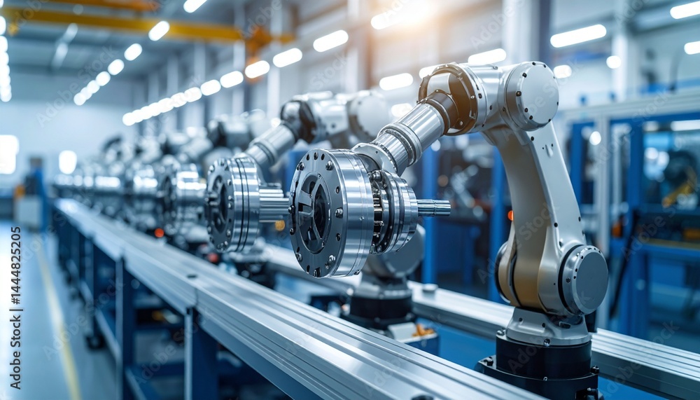 Fototapeta premium Automated Manufacturing: Robotic arms performing precise tasks in a modern factory