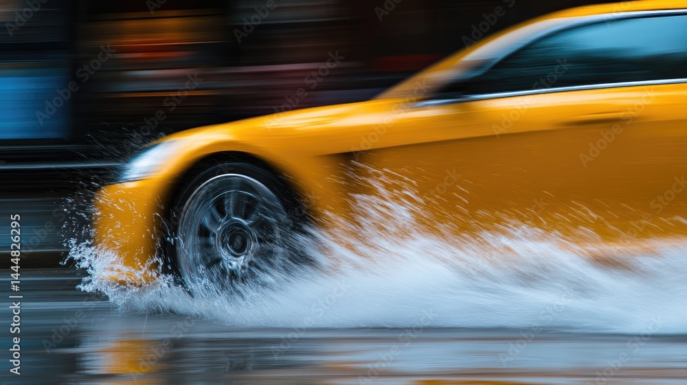 Obraz premium Yellow Sports Car Speeding Through City Rain.