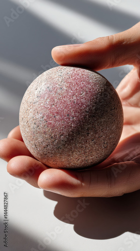 Stone Sphere held gently in hands: A perfectly spherical stone sphere, cradled delicately by the hands, is illuminated by a soft natural light creating captivating shadows 