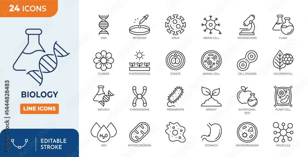 Naklejka premium biology icon set. biology science laboratory icon set. Outline Icon Collection. Vector illustration. Editable stroke