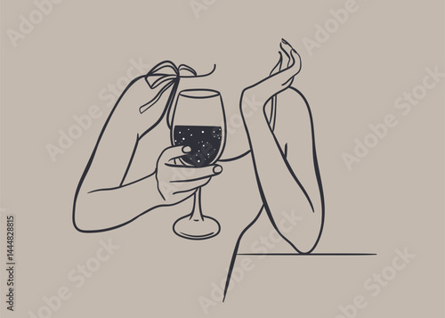 Female hand holding a glass of wine. Minimal linear fashion style.