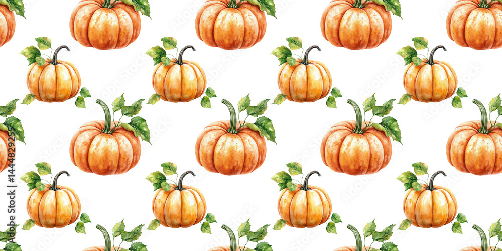 Fall seamless pattern of pumpkins with green leaves for summer decor Fall seamless pattern of pumpkins with green leaves for summer decor