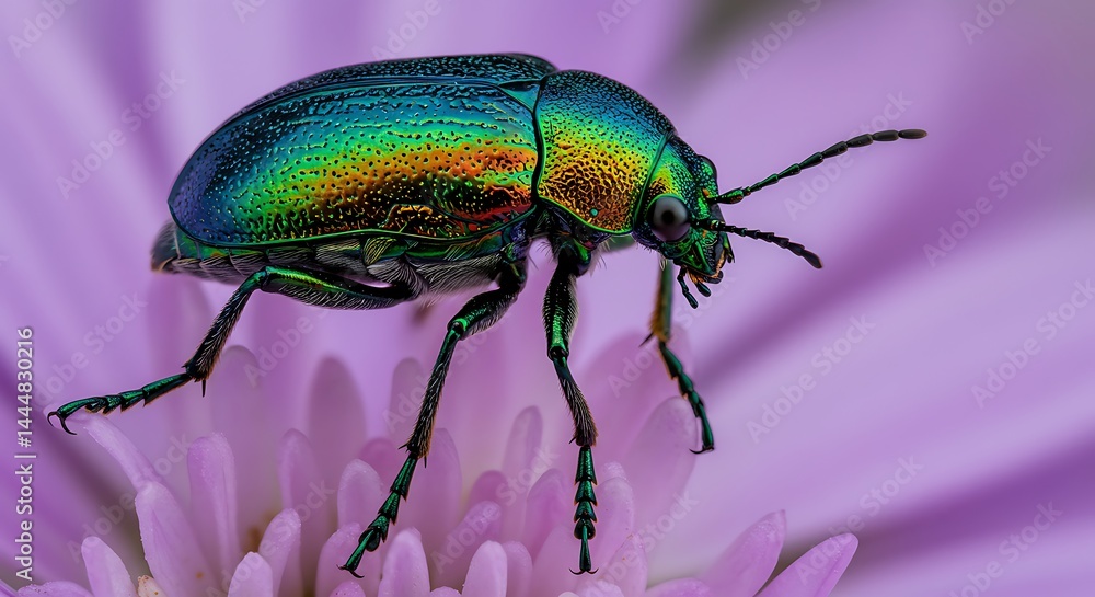 Iridescent Beetle Crawling on Purple Flower Petals Close Up Iridescent Beetle Crawling on Purple Flower Petals Close Up