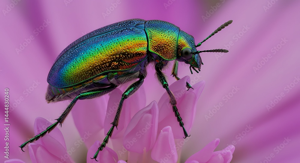 Fototapeta premium Iridescent Beetle Resting on Pink Flower Petals Close-up