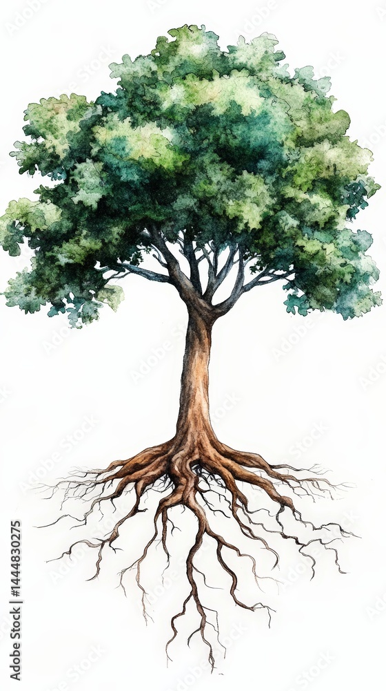 Symbolic Watercolor Tree with Visible Roots Representing Nature's Connection