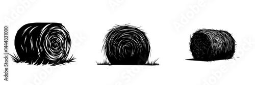 Silhouette pictograms of hay bales in various shapes and sizes arranged on a white background for use in graphic design projects