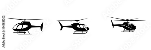 Silhouette pictogram of helicopters in various orientations illustrating aerial transport concepts and aviation icons