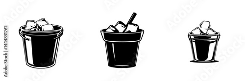 Silhouette pictogram icons representing various ice bucket designs for diverse activities and uses in parties or kitchens