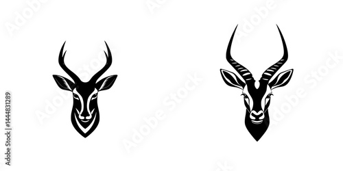 Stylized silhouette pictograms of two different types of antelopes in black and white, showcasing their unique horn structures