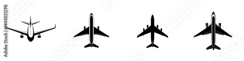 Silhouetted pictogram icons depicting different aircraft viewed from above, suitable for travel and transportation themes