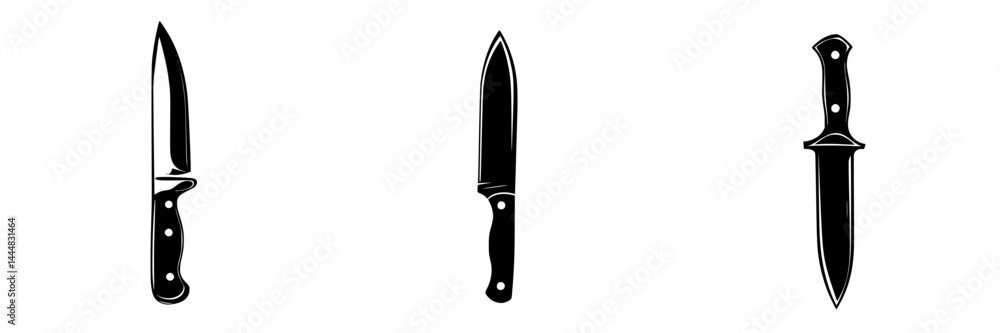 Set of silhouette pictograms depicting various knife designs in black on white background for clear visual representation Set of silhouette pictograms depicting various knife designs in black on white background for clear visual representation