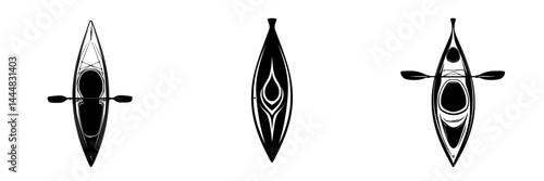 Vector icons set of silhouette pictograms depicting kayaks from different angles for outdoor activities