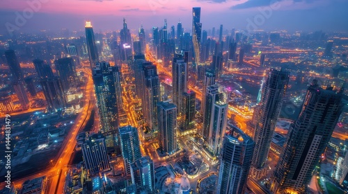 Stunning Aerial View of a Vibrant City Skyline at Dusk, Showcasing Illuminated Skyscrapers and Busy Streets in a Modern Urban Landscape