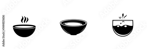 Set of silhouette pictograms representing various types of bowls and drinking vessels commonly used in different dining scenarios