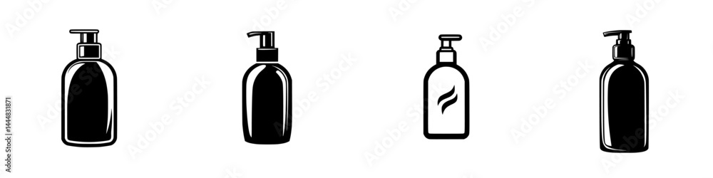 Silhouette pictograms of various pump bottles for personal care and cosmetic products in a minimalist design Silhouette pictograms of various pump bottles for personal care and cosmetic products in a minimalist design