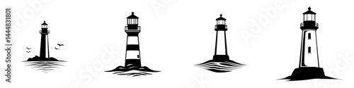 Collection of silhouette pictograms featuring various lighthouse designs in black and white showcasing maritime themes