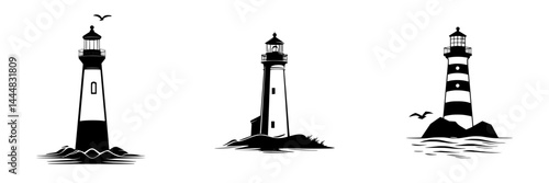 Silhouette pictograms of three unique lighthouse designs on a white background emphasizing coastal navigation and safety