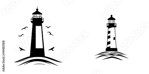 Creative silhouette pictogram depicting lighthouses with birds and waves illustrating guidance and maritime safety