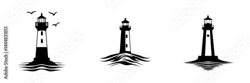 Silhouette pictogram set of lighthouses with waves and birds in coastal scenes