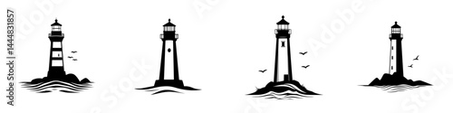 Silhouette pictogram set of lighthouses designed for nautical themes and maritime activities