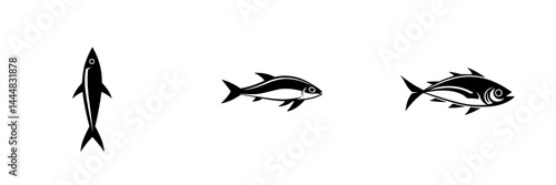 Silhouette pictogram icons representing various fish species in a minimalist style for design and educational use