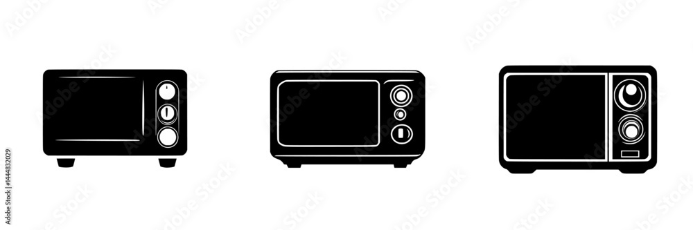 Set of three silhouette pictograms representing different styles of microwaves suitable for kitchen design concepts Set of three silhouette pictograms representing different styles of microwaves suitable for kitchen design concepts