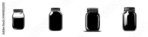 Silhouette pictogram set of various jar shapes representing storage containers for liquids or solids