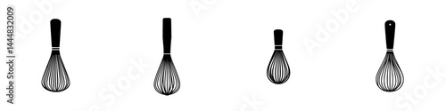 Set of four silhouette whisk pictograms for culinary use and kitchen activities in various sizes