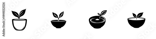 Collection of silhouette pictograms representing various plant pots with differing designs and arrangements for decorative purposes