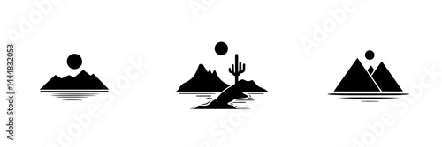 Silhouette pictogram vector icons showcasing mountainous landscapes and desert scenes against a minimalist background