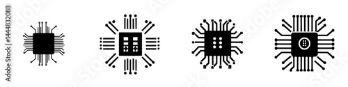 Silhouette pictogram icons set featuring various microchip designs for technology and electronics representation