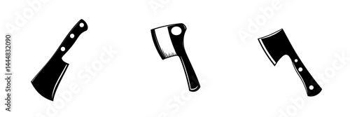 Set of silhouette pictograms depicting various types of knives and axes, ideal for culinary and outdoor design themes